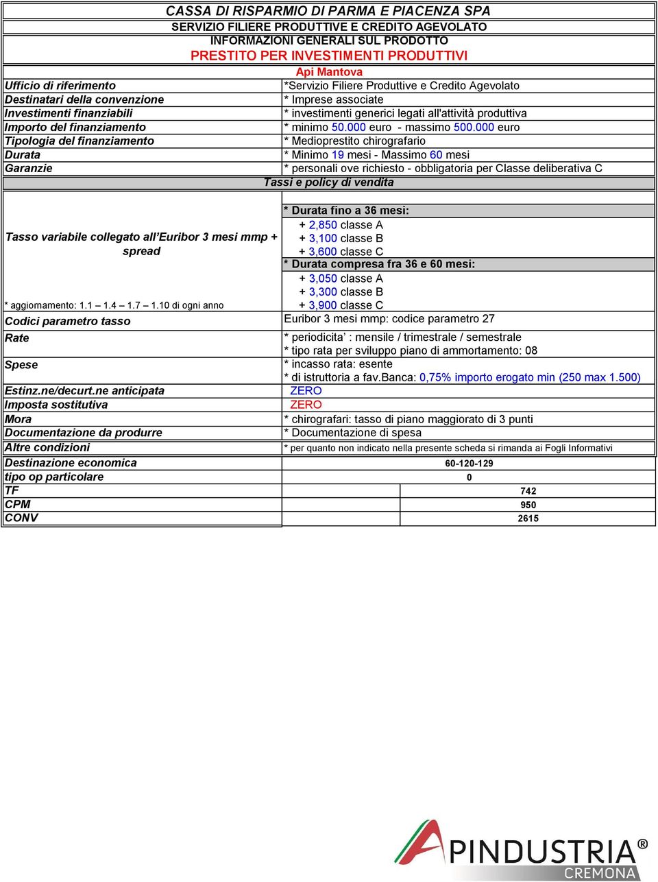 000 euro * Medioprestito chirografario * Minimo 19 mesi - Massimo 60 mesi * personali ove richiesto - obbligatoria per Classe deliberativa C * fino a 36 mesi: + 2,850 classe A + 3,100 classe B +