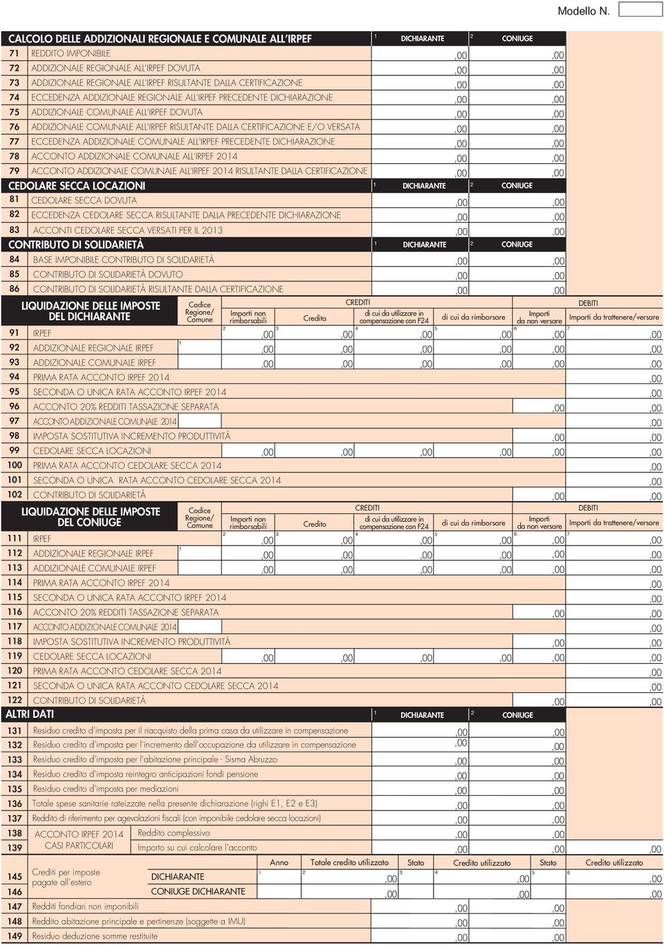 ADDIZIONALE COMUNALE ALL' 0 9 ACCONTO ADDIZIONALE COMUNALE ALL' 0 RISULTANTE DALLA CERTIFICAZIONE CEDOLARE SECCA LOCAZIONI 8 CEDOLARE SECCA DOVUTA 8 ECCEDENZA CEDOLARE SECCA RISULTANTE DALLA