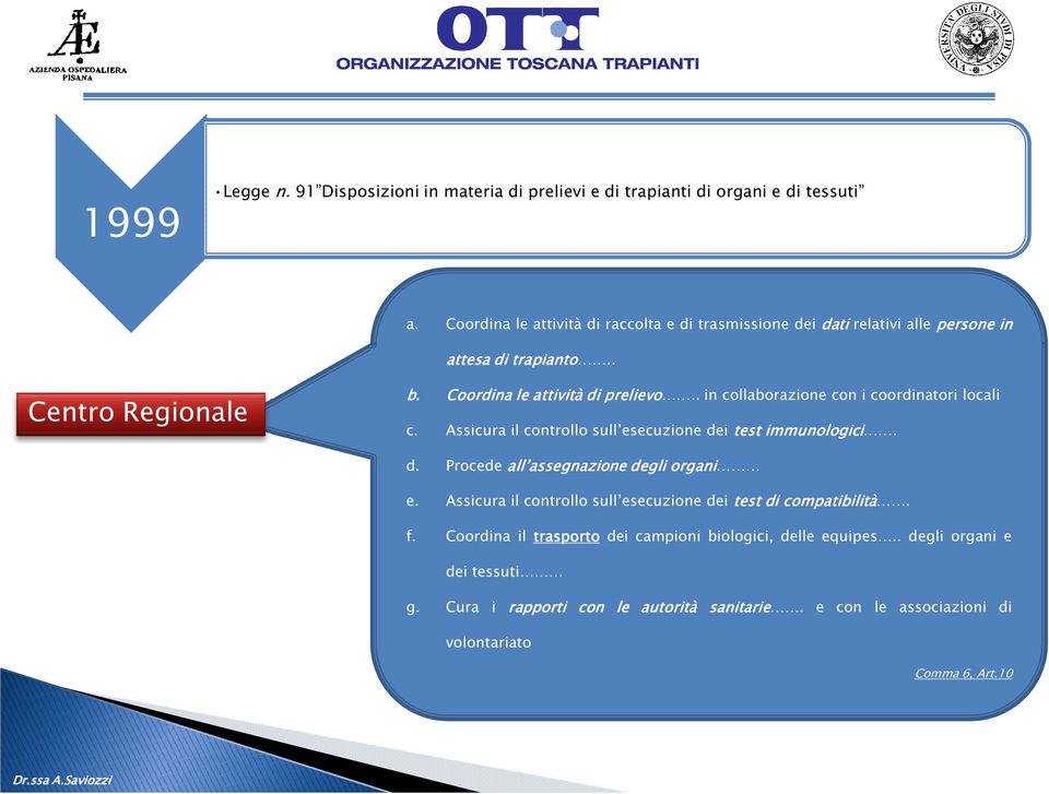 . in collaborazione con i coordinatori locali c. Assicura il controllo sull esecuzione dei test immunologici. d. Procede all assegnazione degli organi e.