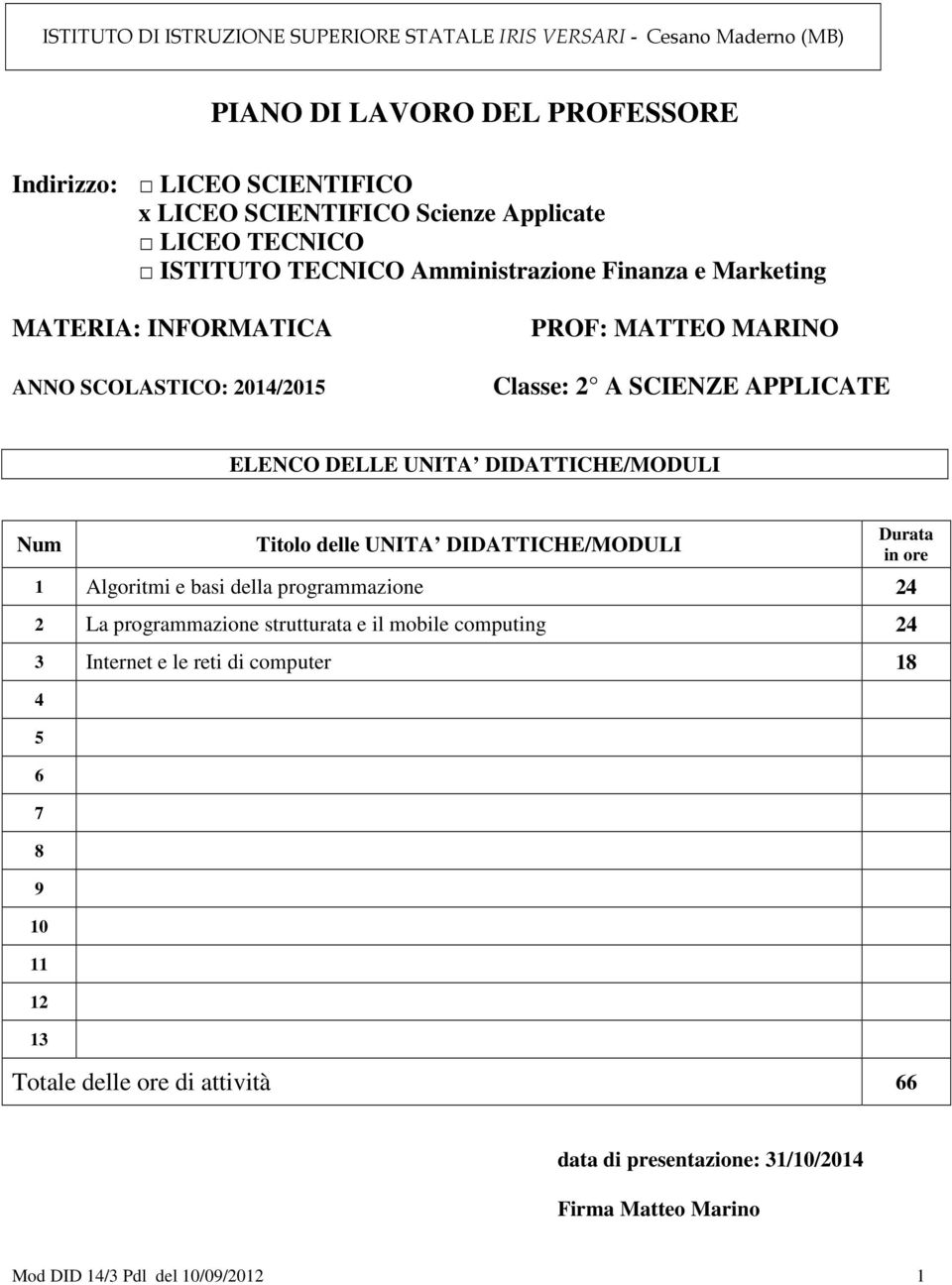 DELLE UNITA DIDATTICHE/MODULI Num Titolo delle UNITA DIDATTICHE/MODULI 1 Algoritmi e basi della programmazione 24 2 La programmazione strutturata e il mobile computing 24 3