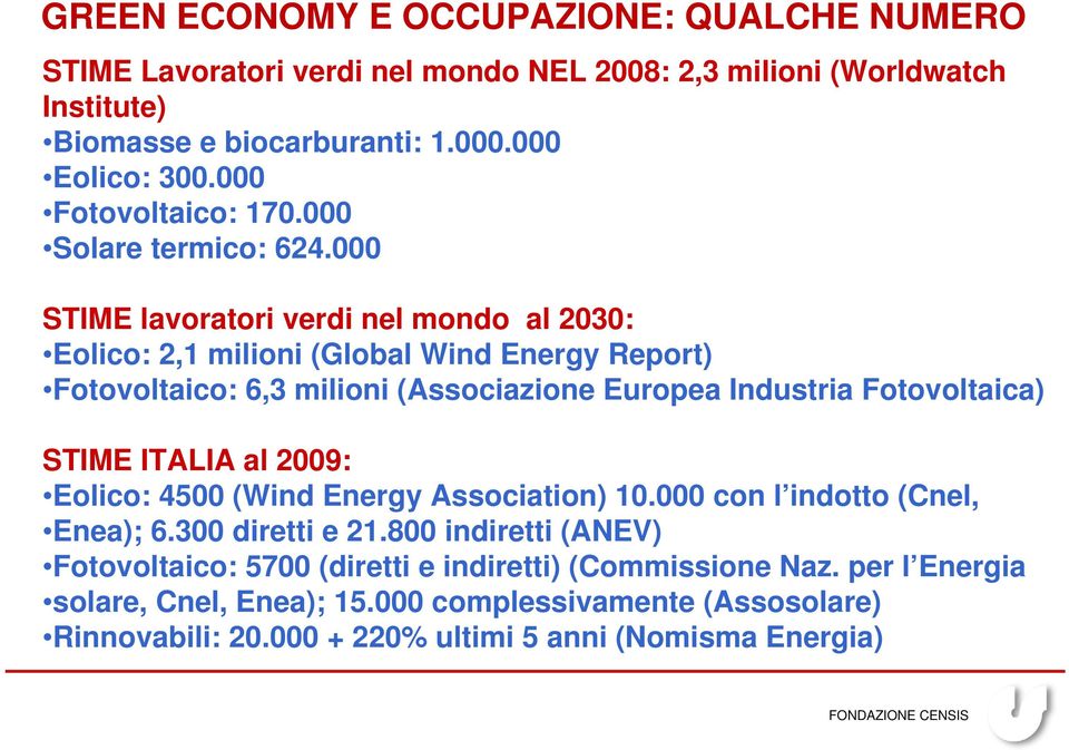 000 STIME lavoratori verdi nel mondo al 2030: Eolico: 2,1 milioni (Global Wind Energy Report) Fotovoltaico: 6,3 milioni (Associazione Europea Industria Fotovoltaica) STIME