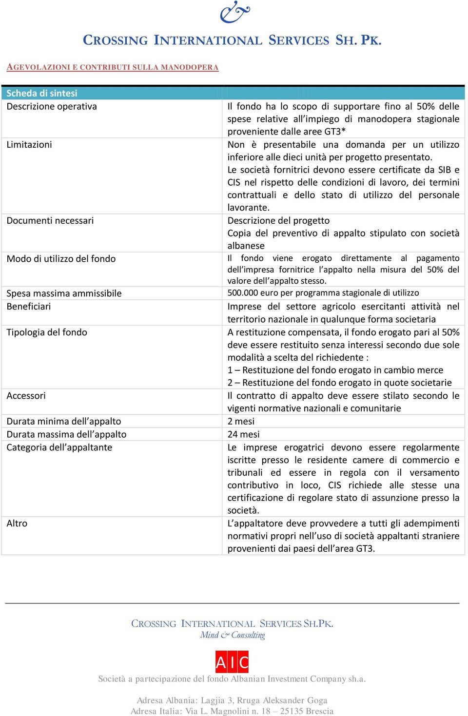 Le società fornitrici devono essere certificate da SIB e CIS nel rispetto delle condizioni di lavoro, dei termini contrattuali e dello stato di utilizzo del personale lavorante.