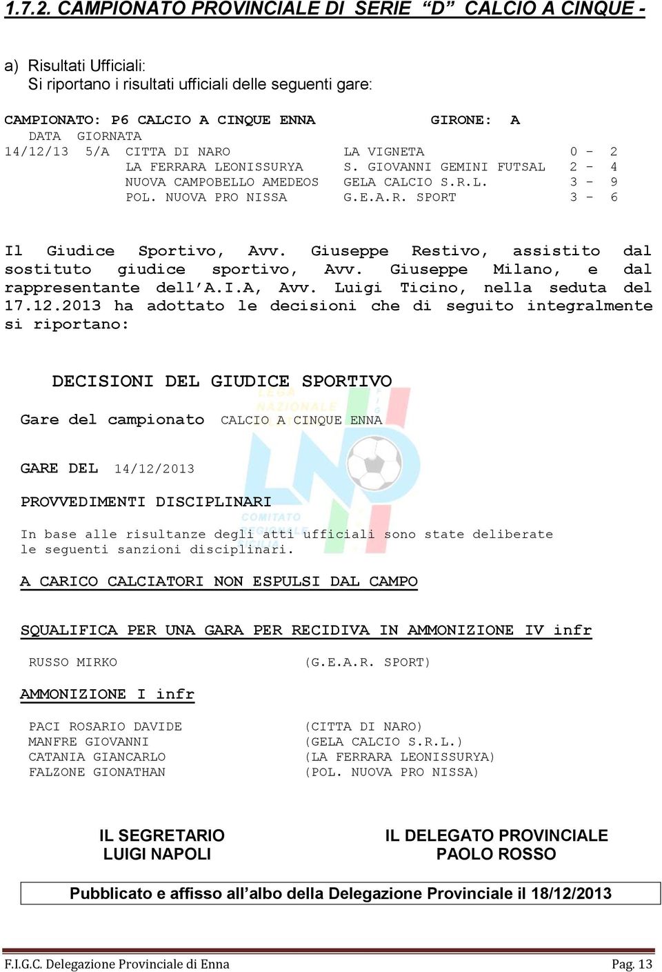 NARO LA VIGNETA 0-2 LA FERRARA LEONISSURYA S. GIOVANNI GEMINI FUTSAL 2-4 NUOVA CAMPOBELLO AMEDEOS GELA CALCIO S.R.L. 3-9 POL. NUOVA PRO NISSA G.E.A.R. SPORT 3-6 Il Giudice Sportivo, Avv.