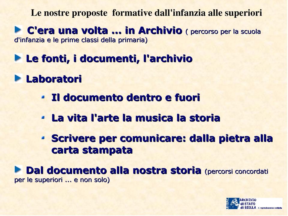 documenti, l'archivio Laboratori Il documento dentro e fuori La vita l'arte la musica la storia