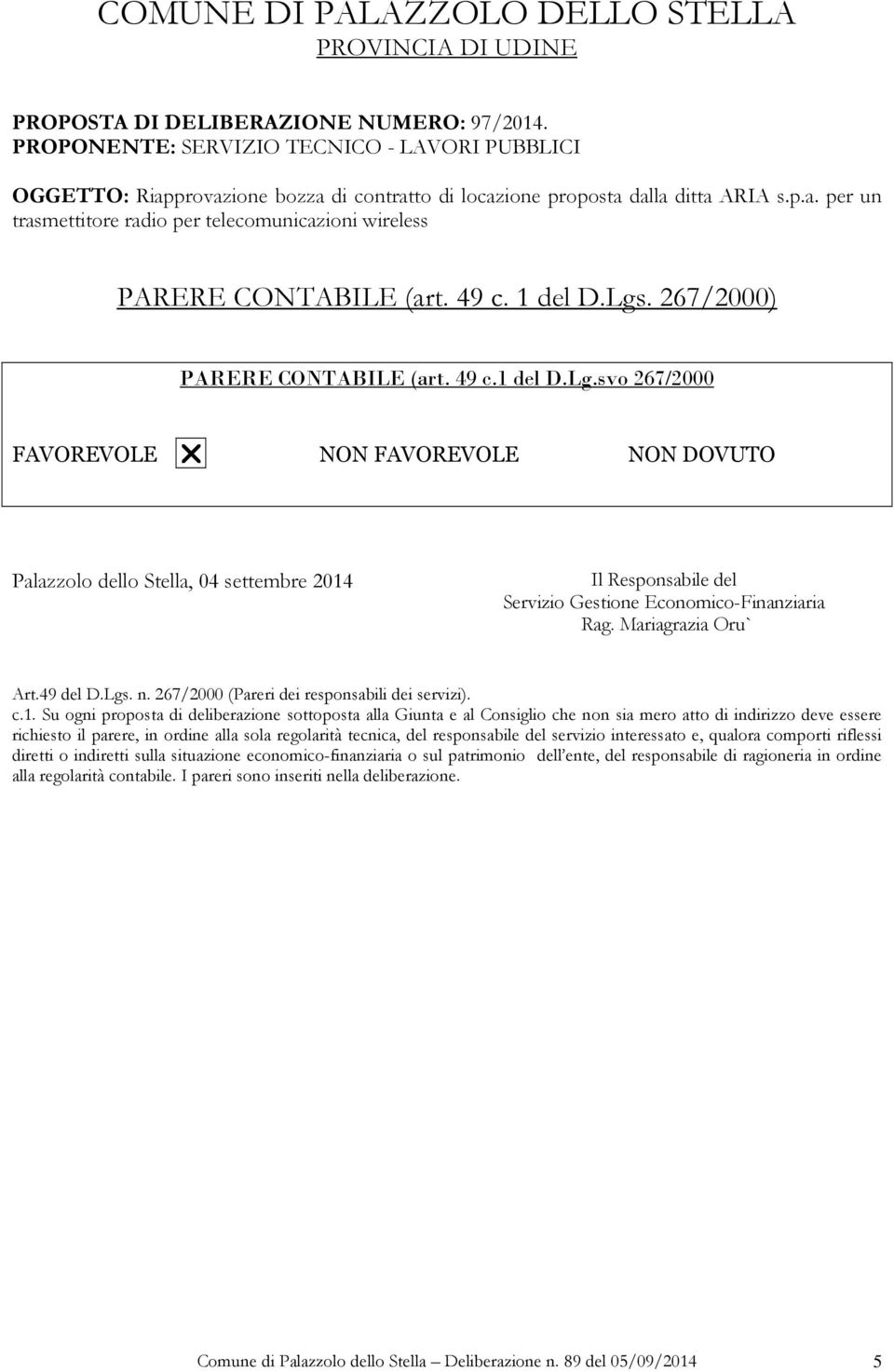 267/2000) PARERE CONTABILE (art. 49 c.1 del D.Lg.