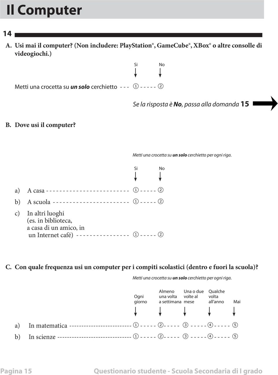Si No a) A casa-------------------------- 1 ----- 2 b) A scuola------------------------ 1 ----- 2 c) In altri luoghi (es.
