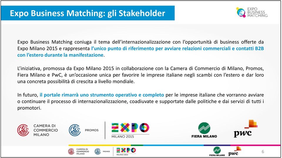 L iniziativa, promossa da Expo Milano 2015 in collaborazione con la Camera di Commercio di Milano, Promos, Fiera Milano e PwC, è un occasione unica per favorire le imprese italiane negli scambi con l