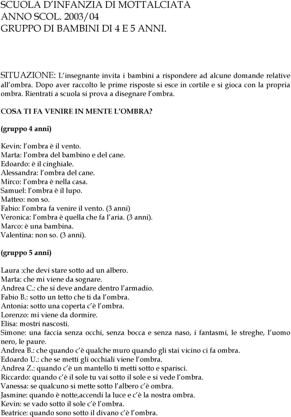 (gruppo 4 anni) Kevin: l ombra è il vento. Marta: l ombra del bambino e del cane. Edoardo: è il cinghiale. Alessandra: l ombra del cane. Mirco: l ombra è nella casa. Samuel: l ombra è il lupo.