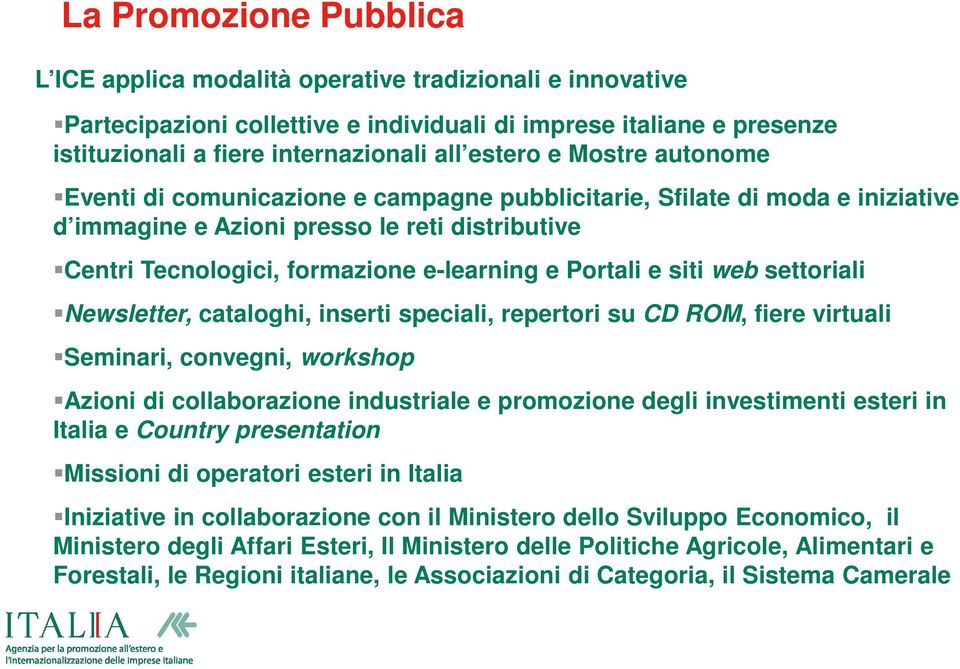 Portali e siti web settoriali Newsletter, cataloghi, inserti speciali, repertori su CD ROM, fiere virtuali Seminari, convegni, workshop Azioni di collaborazione industriale e promozione degli