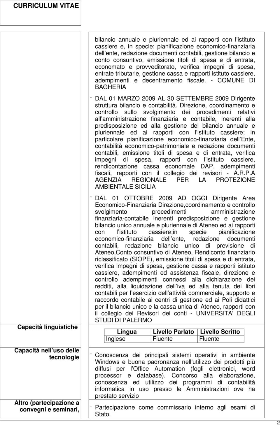 fiscale. - COMUNE DI BAGHERIA - DAL 01 MARZO 2009 AL 30 SETTEMBRE 2009 Dirigente struttura bilancio e contabilità.