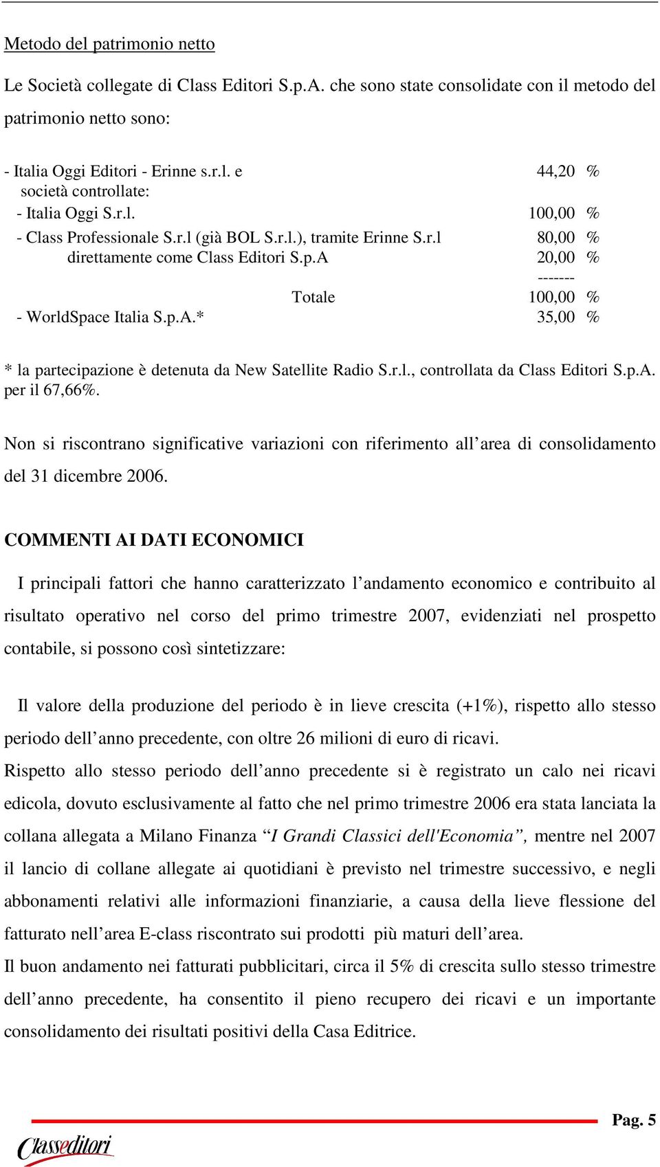 r.l., controllata da Class Editori S.p.A. per il 67,66%. Non si riscontrano significative variazioni con riferimento all area di consolidamento del 31 dicembre 2006.