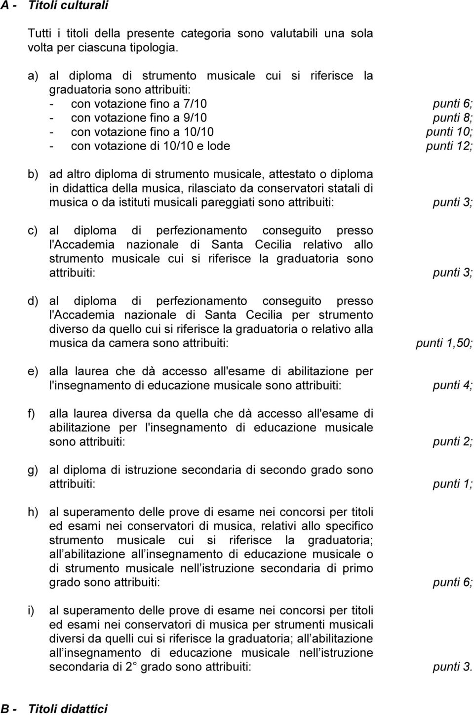 con votazione di 10/10 e lode punti 12; b) ad altro diploma di strumento musicale, attestato o diploma in didattica della musica, rilasciato da conservatori statali di musica o da istituti musicali