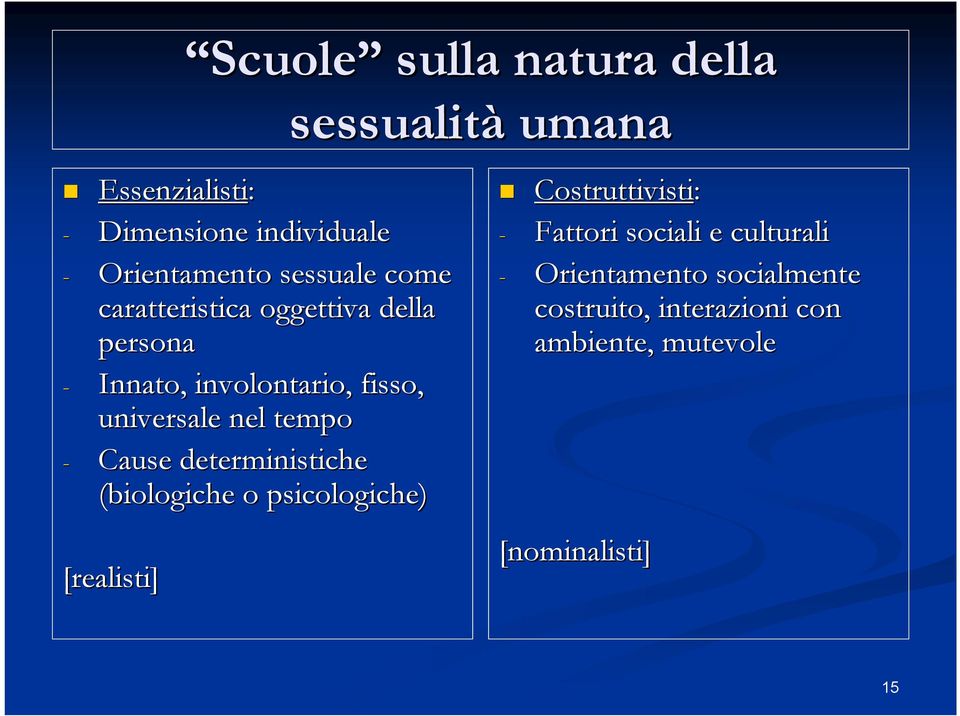 deterministiche (biologiche o psicologiche) [realisti] sessualità umana Costruttivisti: - Fattori