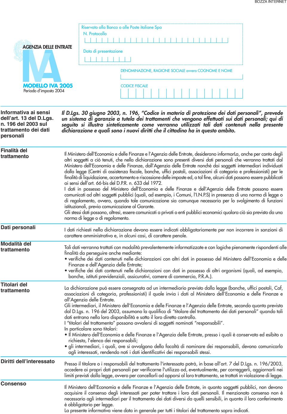 96 del 003 sul trattamento dei dati personali Il D.Lgs. 30 giugno 003, n.