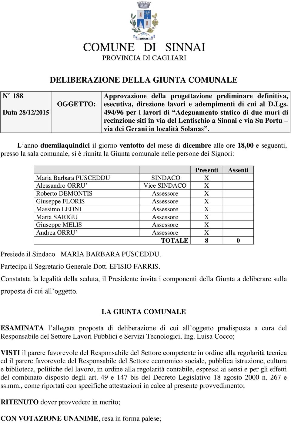 L anno duemilaquindici il giorno ventotto del mese di dicembre alle ore 18,00 e seguenti, presso la sala comunale, si è riunita la Giunta comunale nelle persone dei Signori: Presenti Assenti Maria