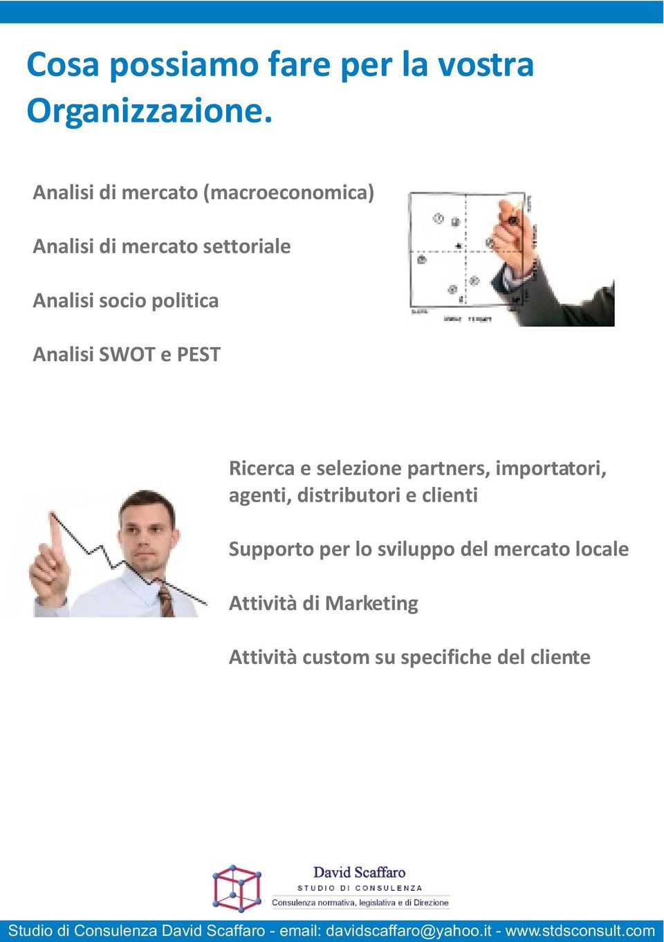 politica Analisi SWOT e PEST Ricerca e selezione partners, importatori, agenti,