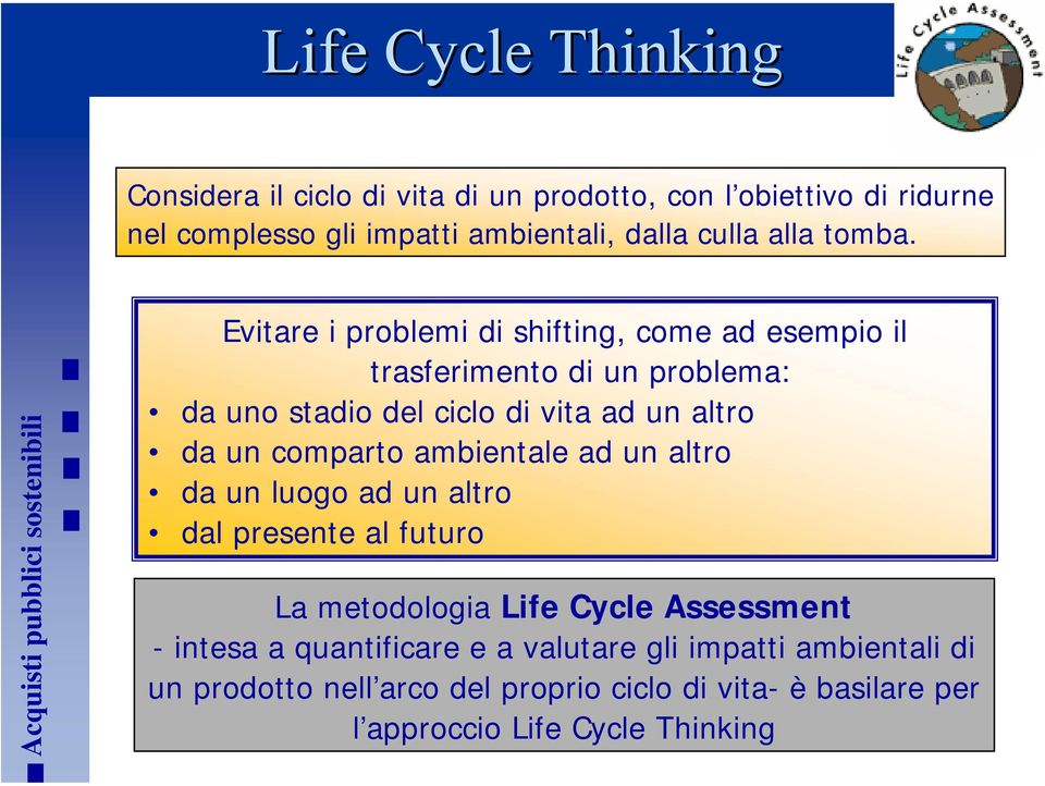 Evitare i problemi di shifting, come ad esempio il trasferimento di un problema: da uno stadio del ciclo di vita ad un altro da un comparto