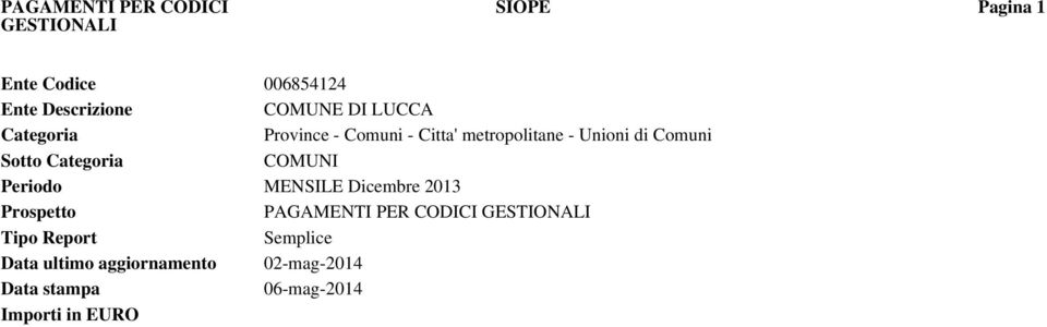 Categoria COMUNI Periodo MENSILE Dicembre 2013 Prospetto PAGAMENTI PER CODICI GESTIONALI