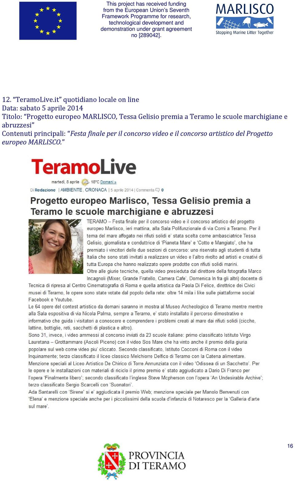 Progetto europeo MARLISCO, Tessa Gelisio premia a Teramo le scuole