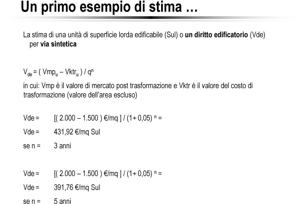 Vktr è il valore del costo di trasformazione (valore dell area escluso) Vde = [( 2.000 1.