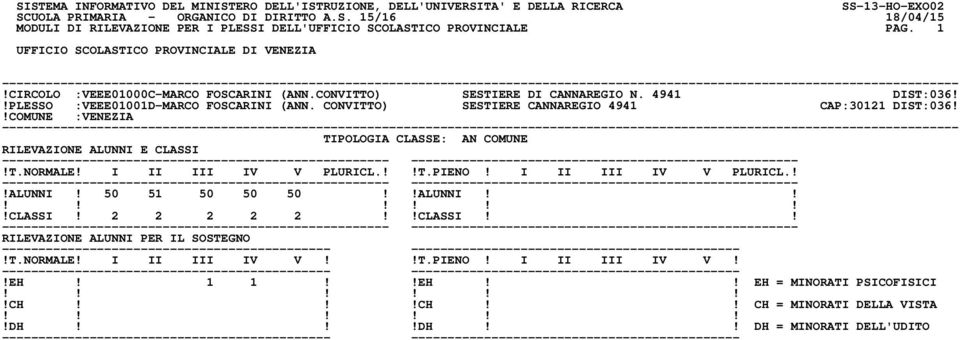 !PLESSO :VEEE01001D-MARCO FOSCARINI (ANN. CONVITTO) SESTIERE CANNAREGIO 4941 CAP:30121 DIST:036!