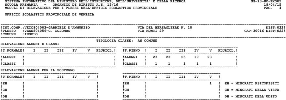 !PLESSO :VEEE804059-C. COLOMBO VIA MONTI 29 CAP:30016 DIST:022!!COMUNE :IESOLO!