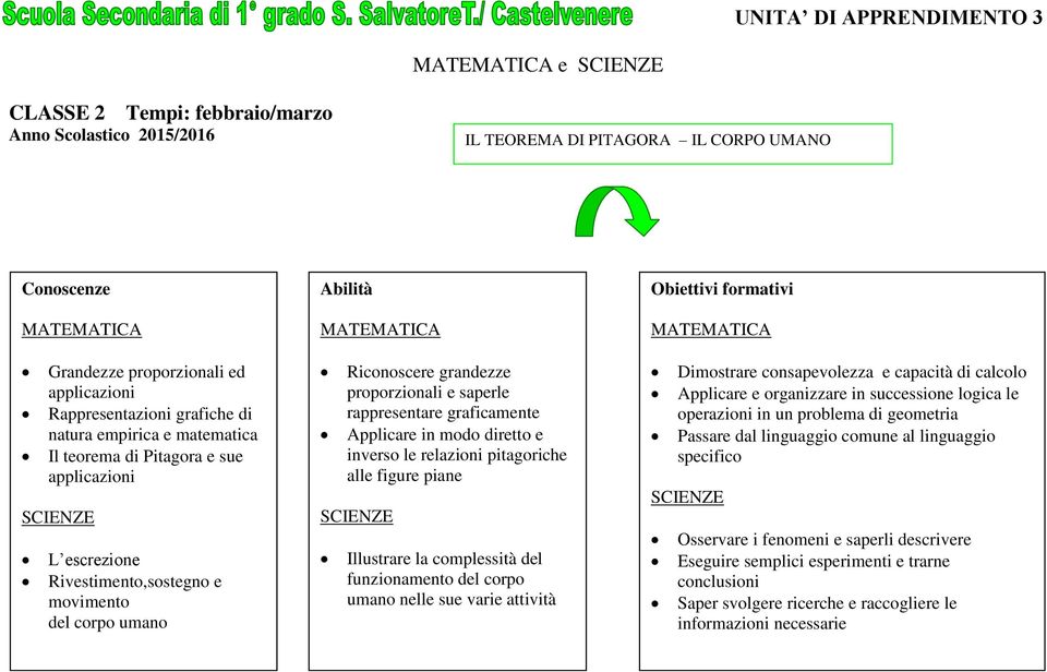 rappresentare graficamente Applicare in modo diretto e inverso le relazioni pitagoriche alle figure piane Illustrare la complessità del funzionamento del corpo umano nelle sue varie attività