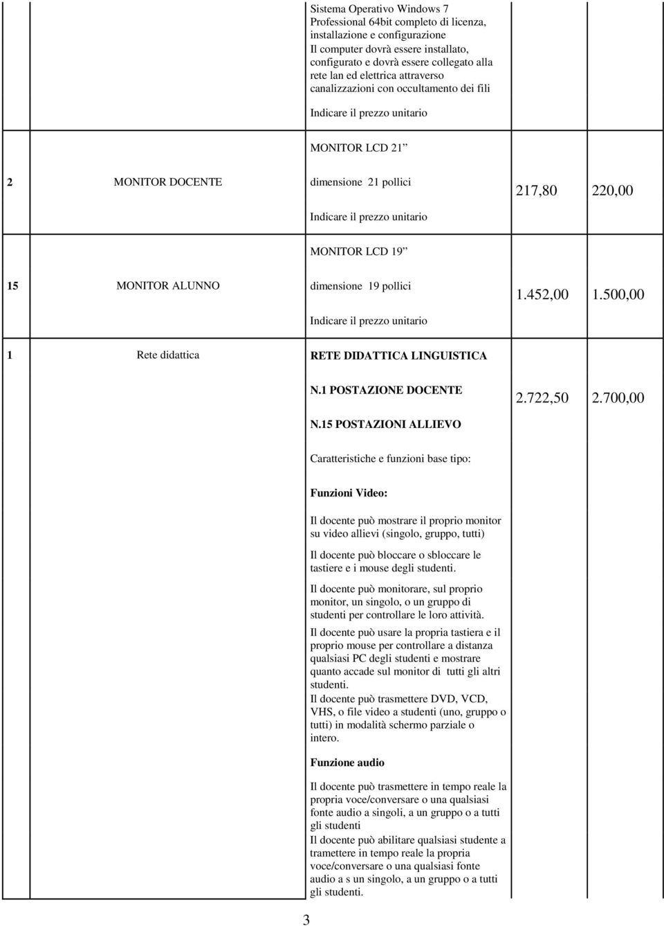 MONITOR ALUNNO dimensione 19 pollici Indicare il prezzo unitario 1.452,00 1.500,00 1 Rete didattica RETE DIDATTICA LINGUISTICA N.1 POSTAZIONE DOCENTE N.15 POSTAZIONI ALLIEVO 2.722,50 2.