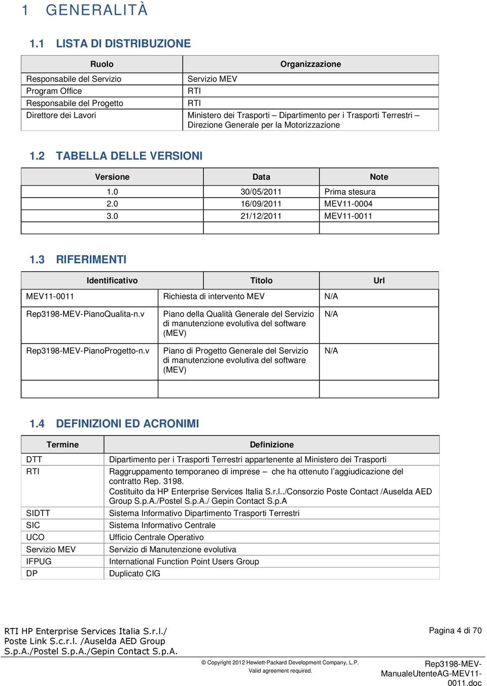 Trasporti Terrestri Direzione Generale per la Motorizzazione 1.2 TABELLA DELLE VERSIONI Versione Data Note 1.0 30/05/2011 Prima stesura 2.0 16/09/2011 MEV11-0004 3.0 21/12/2011 MEV11-0011 1.