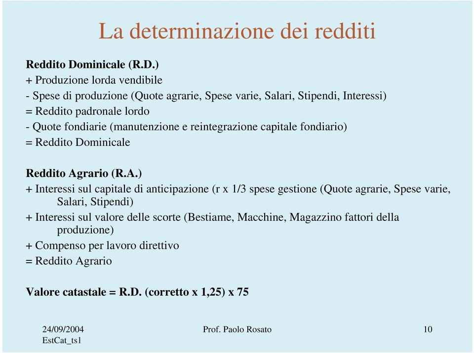 ) + Produzione lorda vendibile - Spese di produzione (Quote agrarie, Spese varie, Salari, Stipendi, Interessi) = Reddito padronale lordo - Quote fondiarie