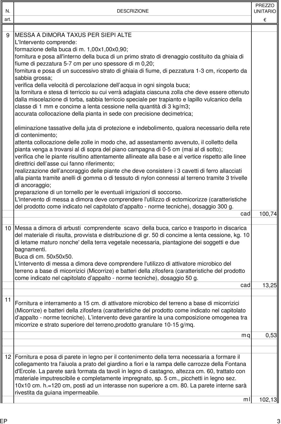 strato di ghiaia di fiume, di pezzatura 1-3 cm, ricoperto da sabbia grossa; verifica della velocità di percolazione dell acqua in ogni singola buca; la fornitura e stesa di terriccio su cui verrà