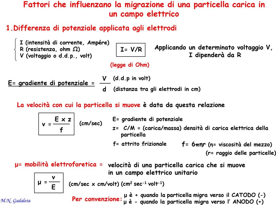 d.p in volt) La velocità con cui la particella si muove è data da questa relazione v = E x z f (cm/sec) E= gradiente di potenziale z= C/M = (carica/massa) densità di carica elettrica della particella