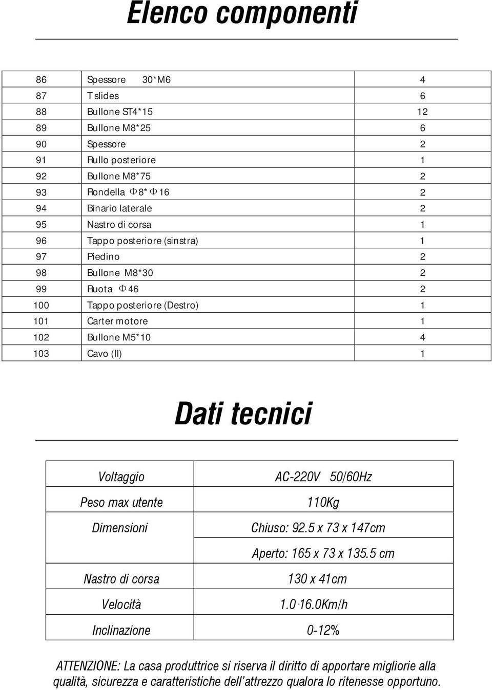 103 Cavo (II) 1 Dati tecnici Voltaggio Peso max utente Dimensioni AC-220V 50/60Hz 110Kg Chiuso: 92.5 x 73 x 147cm Aperto: 165 x 73 x 135.5 cm Nastro di corsa Velocità 130 x 41cm 1.0-16.