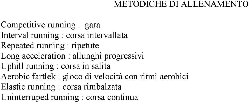 progressivi Uphill running : corsa in salita Aerobic fartlek : gioco di