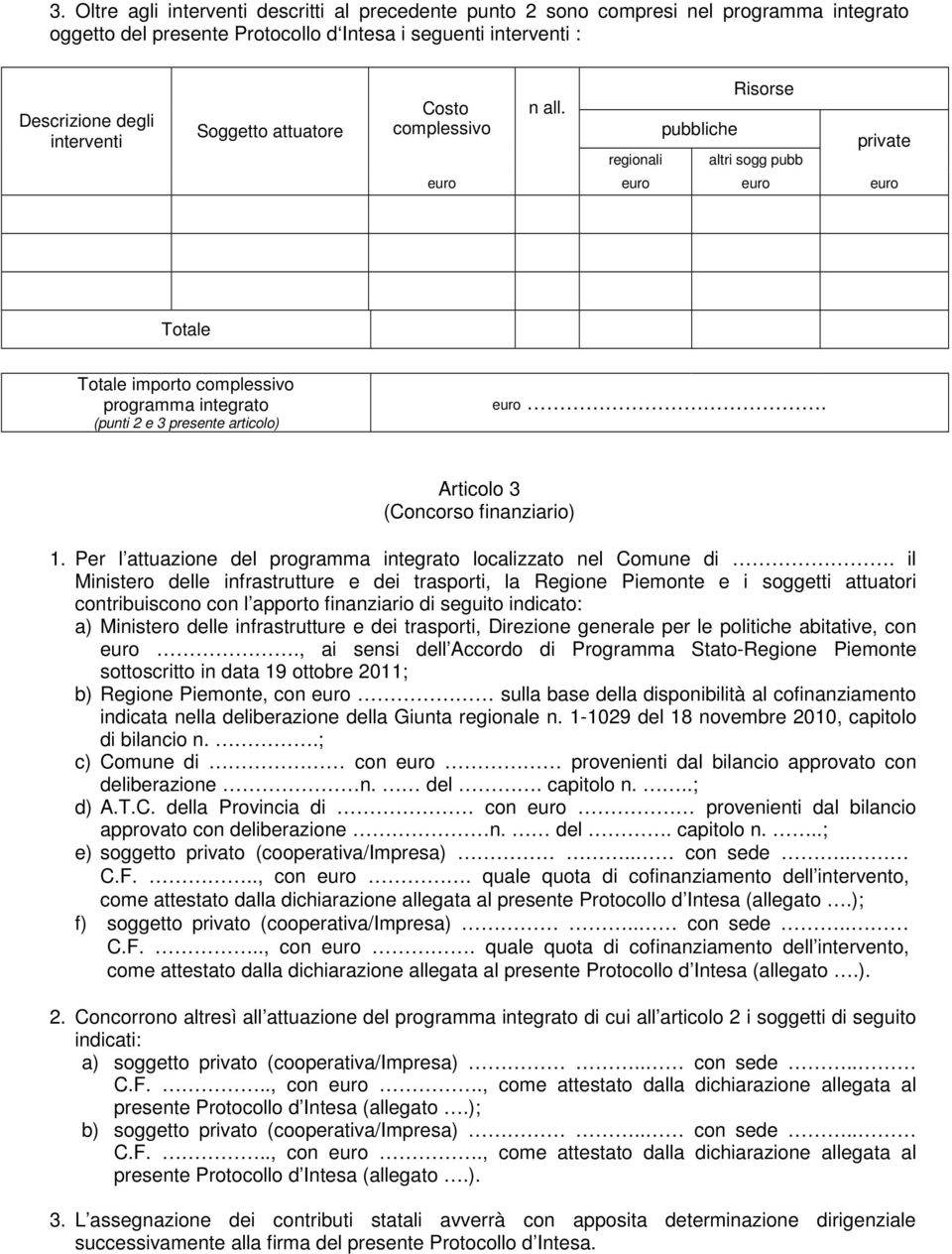 Articolo 3 (Concorso finanziario) 1. Per l attuazione del programma integrato localizzato nel Comune di.