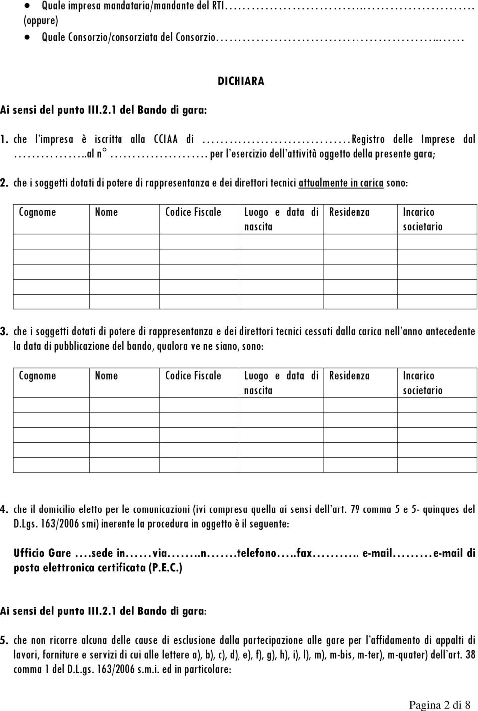 che i soggetti dotati di potere di rappresentanza e dei direttori tecnici attualmente in carica sono: Cognome Nome Codice Fiscale Luogo e data di nascita Residenza Incarico societario 3.