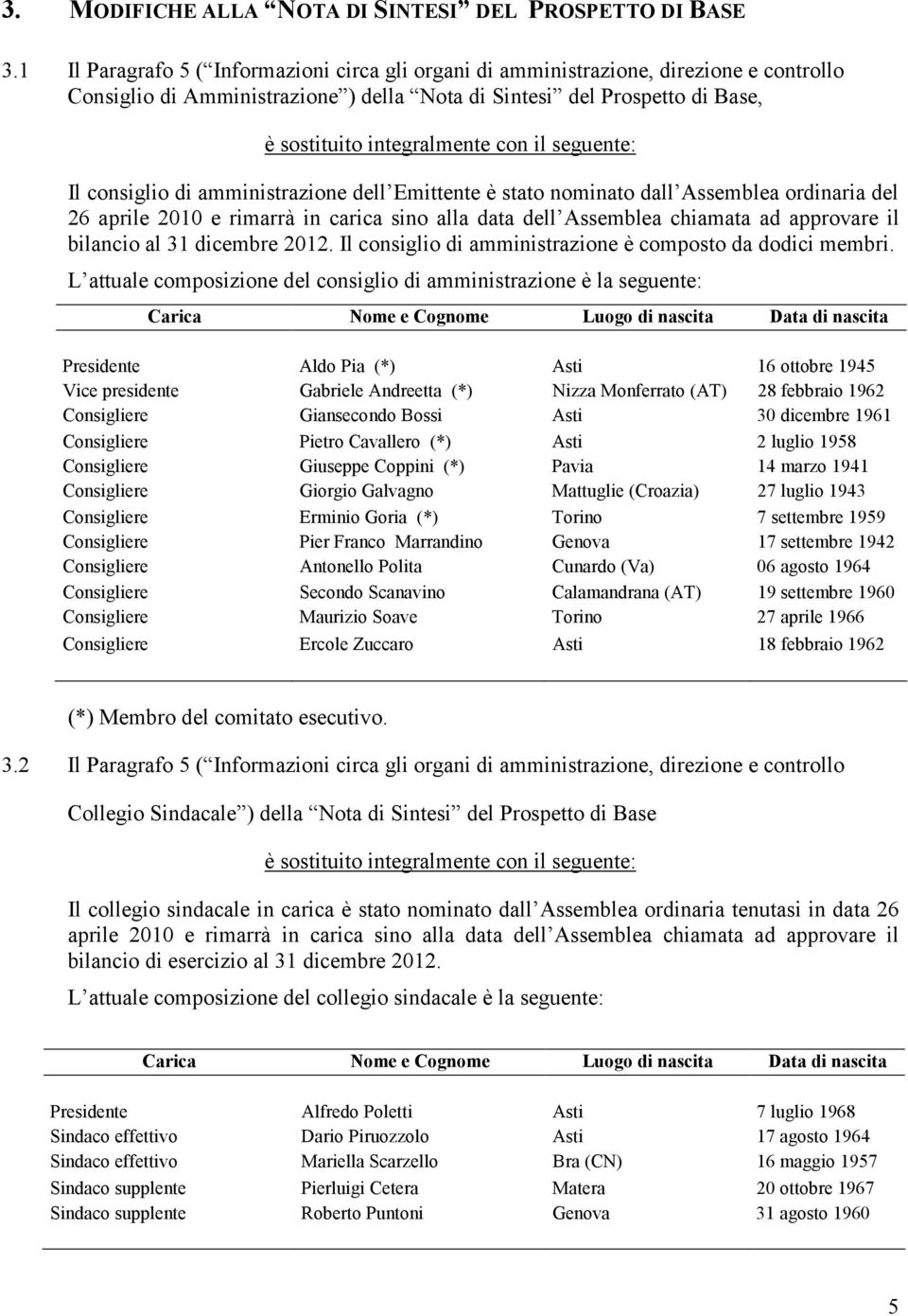 il seguente: Il consiglio di amministrazione dell Emittente è stato nominato dall Assemblea ordinaria del 26 aprile 2010 e rimarrà in carica sino alla data dell Assemblea chiamata ad approvare il