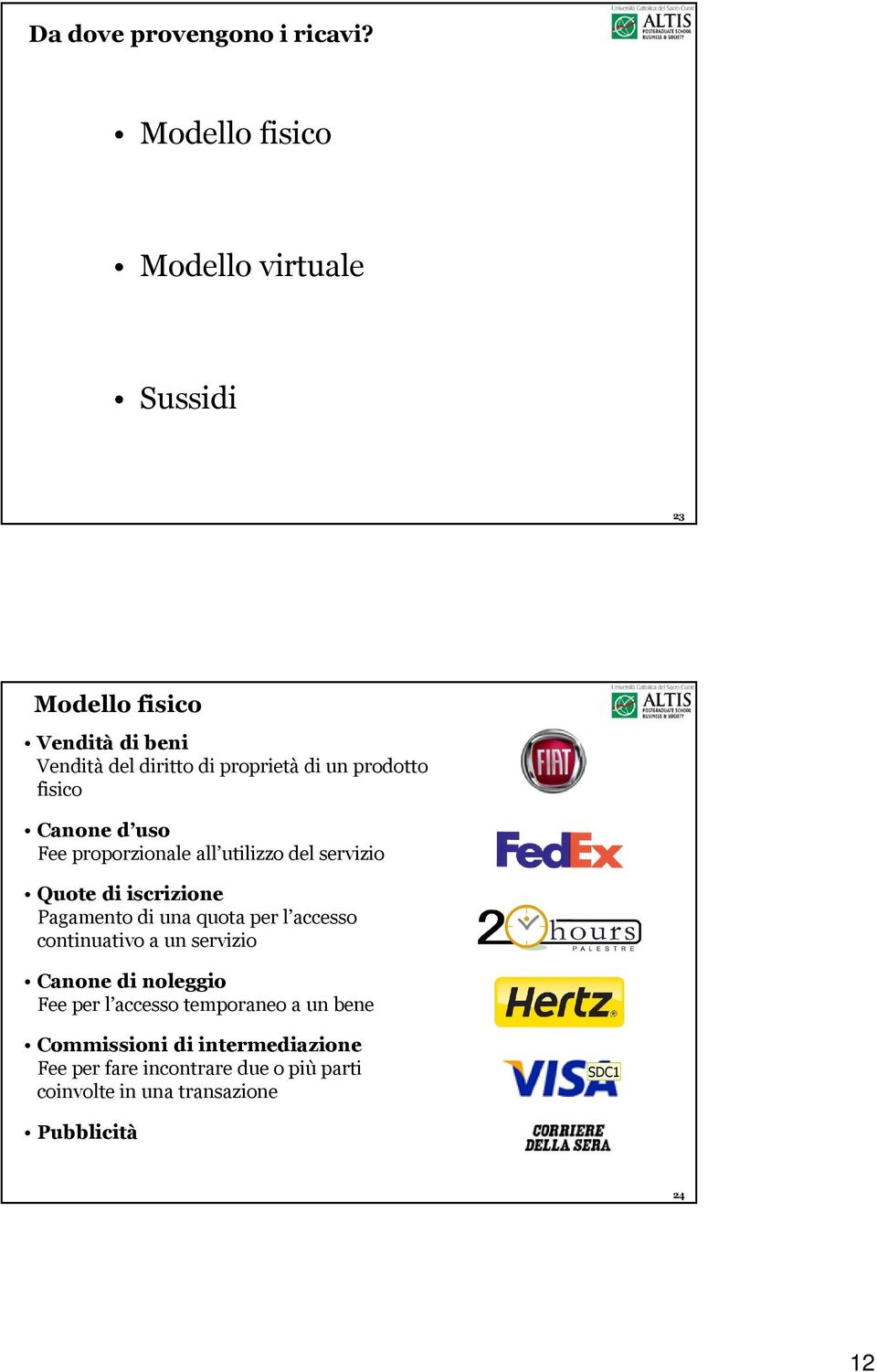 prodotto fisico Canone d uso Fee proporzionale all utilizzo del servizio Quote di iscrizione Pagamento di una quota per