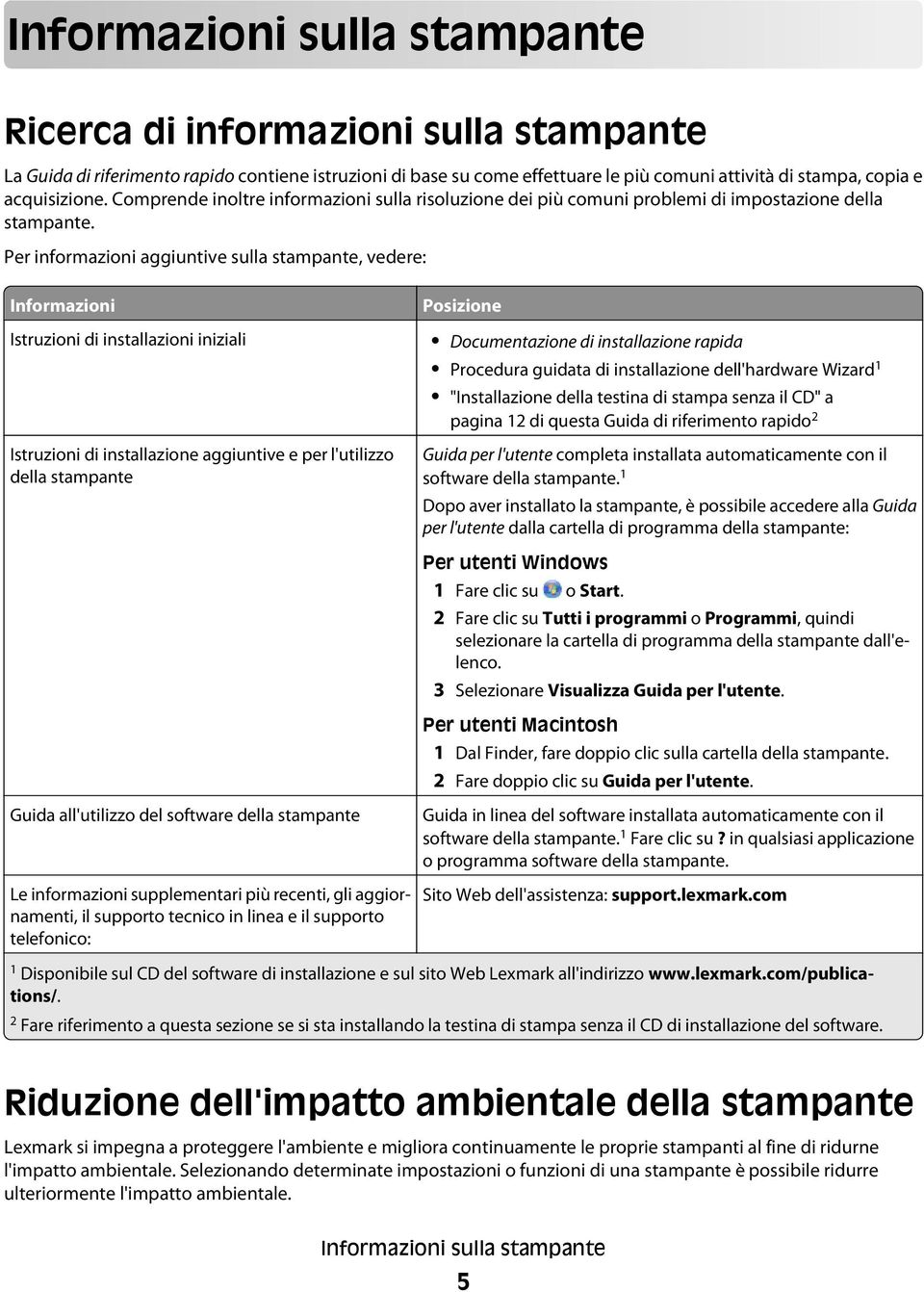 Per informazioni aggiuntive sulla stampante, vedere: Informazioni Istruzioni di installazioni iniziali Istruzioni di installazione aggiuntive e per l'utilizzo della stampante Guida all'utilizzo del