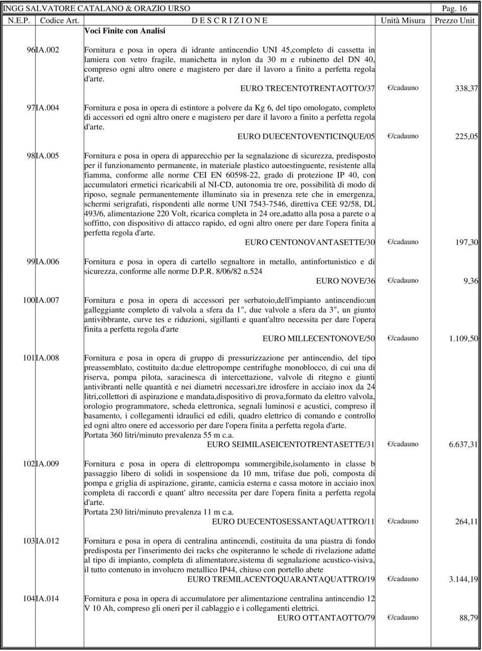 per dare il lavoro a finito a perfetta regola d'arte. EURO TRECENTOTRENTAOTTO/37 /cadauno 338,37 97 IA.