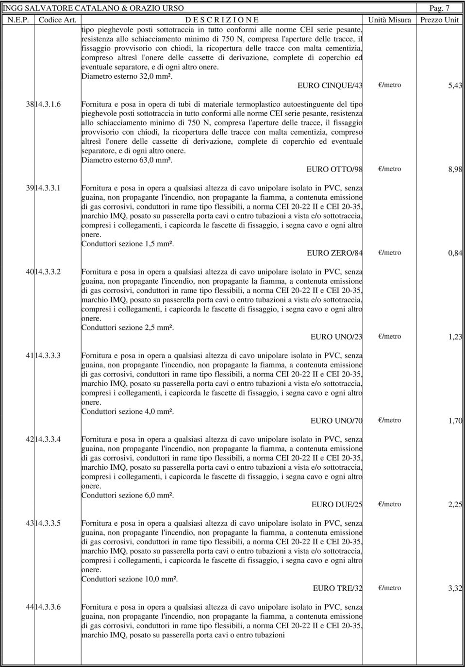 chiodi, la ricopertura delle tracce con malta cementizia, compreso altresì l'onere delle cassette di derivazione, complete di coperchio ed eventuale separatore, e di ogni altro onere.