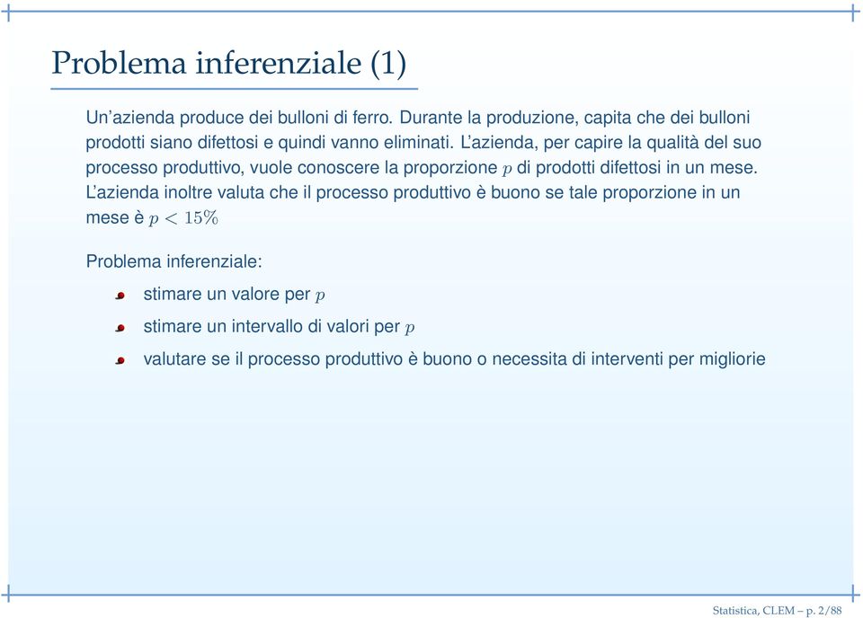 L azienda, per capire la qualità del suo processo produttivo, vuole conoscere la proporzione p di prodotti difettosi in un mese.