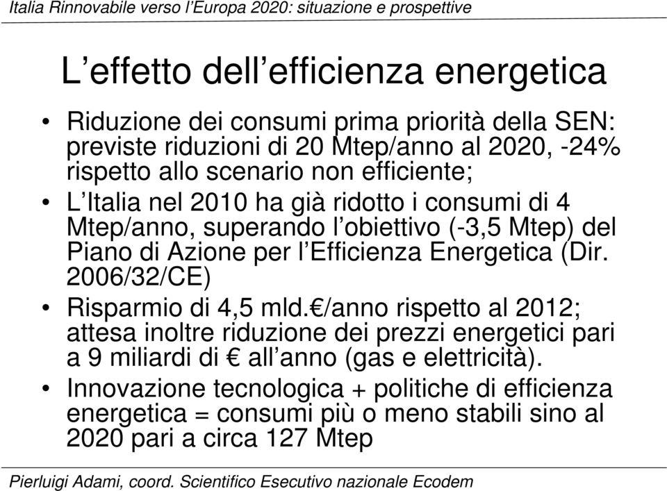 Efficienza Energetica (Dir. 2006/32/CE) Risparmio di 4,5 mld.