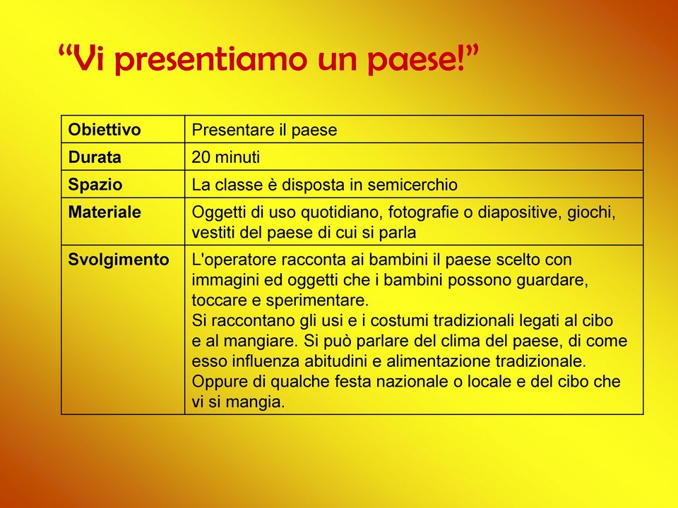 giochi, vestiti del paese di cui si parla L'operatore racconta ai bambini il paese scelto con immagini ed oggetti che i bambini possono guardare,