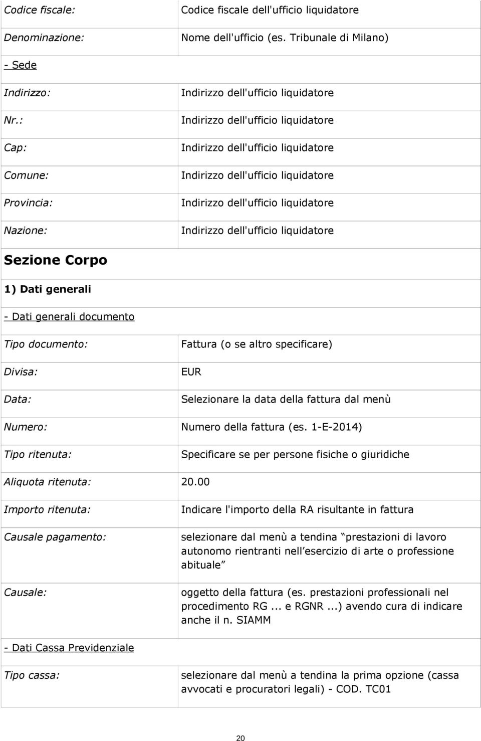 liquidatore Sezione Corpo 1) Dati generali - Dati generali documento Tipo documento: Fattura (o se altro specificare) Divisa: EUR Data: Selezionare la data della fattura dal menù Numero: Numero della