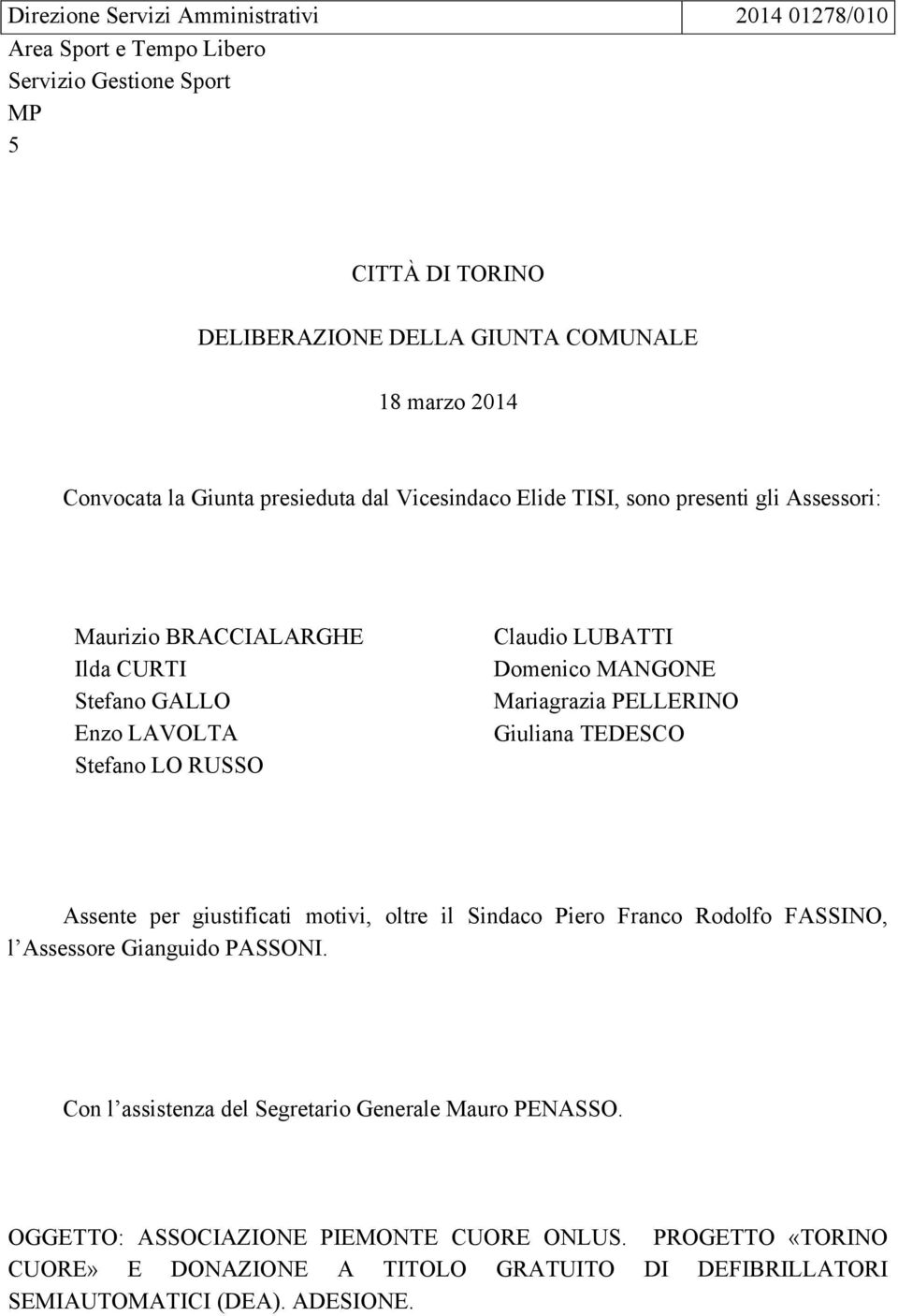 MANGONE Mariagrazia PELLERINO Giuliana TEDESCO Assente per giustificati motivi, oltre il Sindaco Piero Franco Rodolfo FASSINO, l Assessore Gianguido PASSONI.