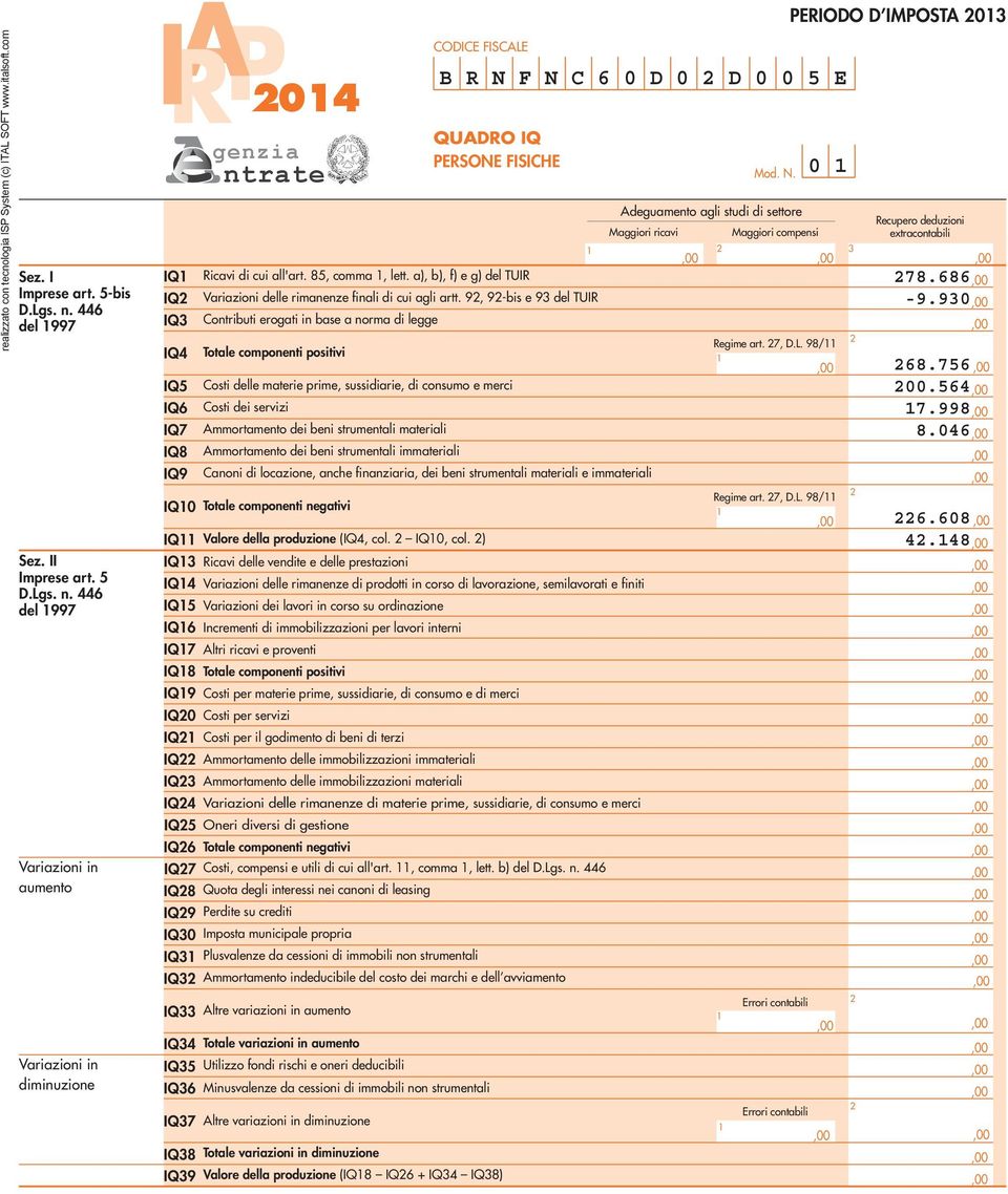 90 IQ Contributi erogati in base a norma di legge IQ Totale componenti positivi Regime art., D.L. 9/. IQ Costi delle materie prime, sussidiarie, di consumo e merci 00. IQ Costi dei servizi.