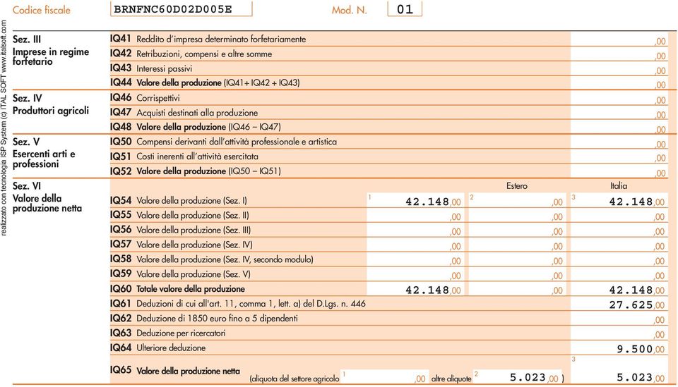 VI Valore della produzione netta IQ Reddito d impresa determinato forfetariamente IQ Retribuzioni, compensi e altre somme IQ Interessi passivi IQ Valore della produzione (IQ+ IQ + IQ) IQ