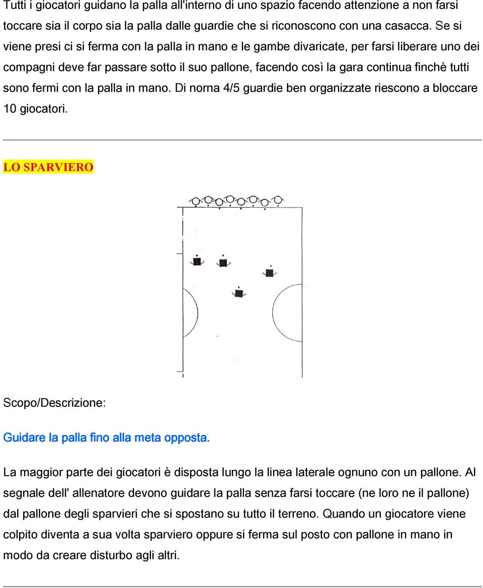 fermi con la palla in mano. Di norna 4/5 guardie ben organizzate riescono a bloccare 10 giocatori. LO SPARVIERO Guidare la palla fino alla meta opposta.