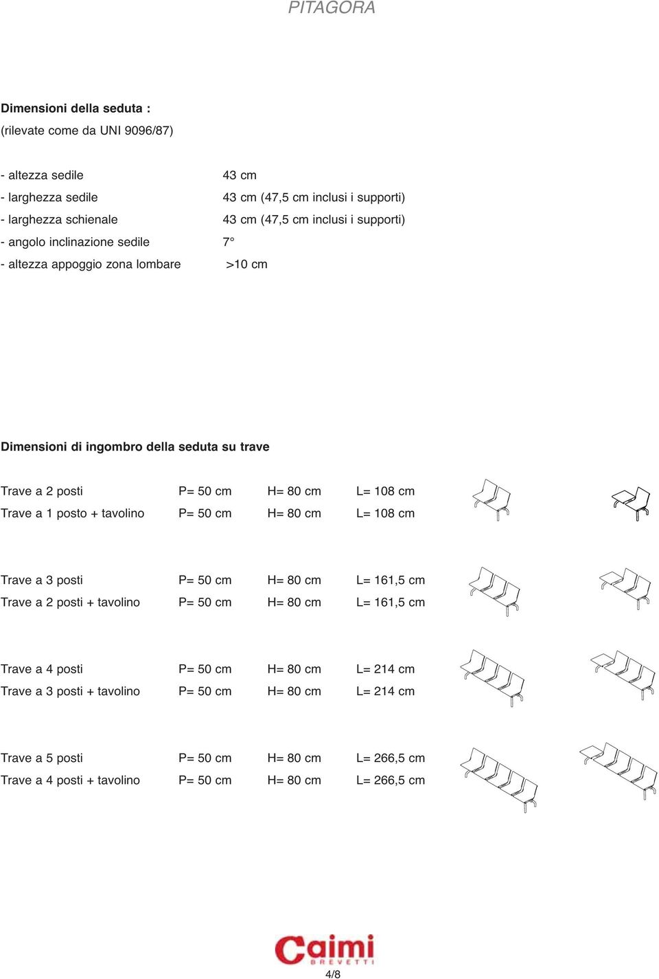 1 posto + tavolino P= 50 cm H= 80 cm L= 108 cm Trave a 3 posti P= 50 cm H= 80 cm L= 161,5 cm Trave a 2 posti + tavolino P= 50 cm H= 80 cm L= 161,5 cm Trave a 4 posti P= 50 cm H=